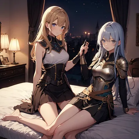 A group of  female medieval fantasy adventurers, (in bedroom), various hair styles, harem, night, details face, short skirt, seducing, sleeveless, armor, on bed