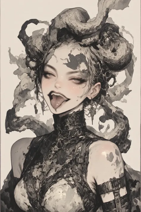 There is an ink painting of a woman who looks like a snake , Ink Manga, manga drawn in ink  , Sumi painting on paper , mixed style of sumi painting and manga, Sumi-e style,   Ink Artwork  ,万年筆Ink Manga, Ink drawing,Painted with a brush , contrast between d...