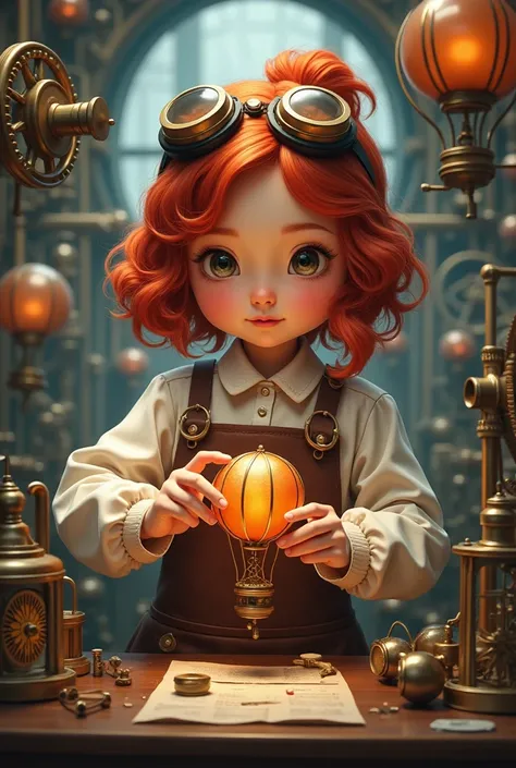 a realistic portrait of a steampunk inventor lady, a chubby red head young Chinese girl, working with mini hot air balloon in her secret lab, many gadget and high-tech machine in the lab