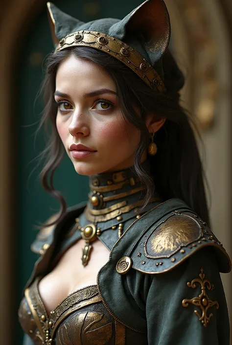 the woman is dressed in the costume of a cat - like goddess, a bronze sculpture, fantasy art, greg rutkowski and artgerm, donato giancola and tom bagshaw, portrait of a steampunk catgirl, gaston bussiere and artgerm