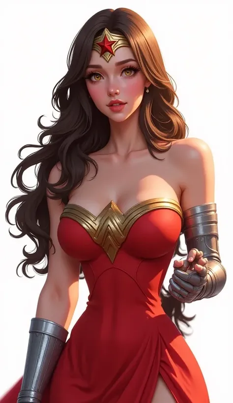 Wonder Woman is depicted with long, flowing brown hair that cascades over her shoulders, adorned with a gold tiara that has a red star in the center. Her facial features are sharp and elegant, with high cheekbones, full lips, and expressive eyes. She is dr...