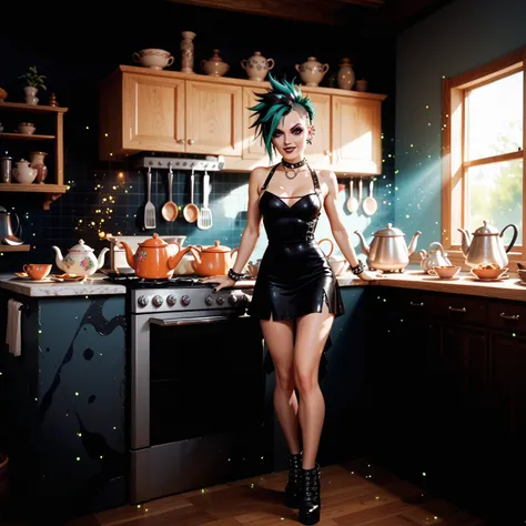 Screenshot,  sexy full body , A female gothic punk very sexy and erotic, Which blow with a kettle with magical colorful particles and gas, That emerges from the boiler ,Cook in the kitchen