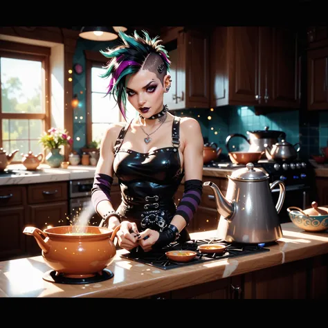 Screenshot,  sexy full body , A female gothic punk very sexy and erotic, Which blow with a kettle with magical colorful particles and gas, That emerges from the boiler ,Cook in the kitchen