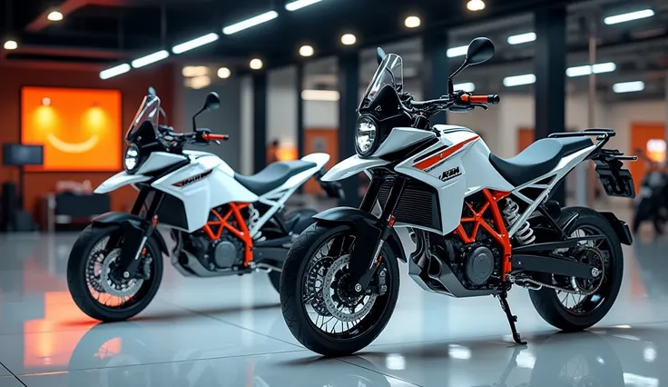 a couple motorcycles intoKTM 390 Adventure S a bright white color, with modifications, displayed in a modern showroom setting, the motorcycle reflected in the shiny floor, dramatic lighting, photorealistic, (best quality,4k,8k,highres,masterpiece:1.2),ultr...