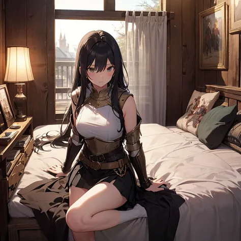 A group of  female medieval fantasy adventurers, (in bedroom), various hair styles, harem, wooden logs wall, details face, short skirt, seducing, sleeveless, armor, on bed