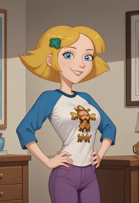 ((bedroom background)),score_9, score_8_up, score_7_up,score_6_up, 
1girl, Solo, SaraM_MM, light skin, bright blue eyes, golden blonde hair, short hair, pointed nose, green four-leaf clover hair clip, white T-shirt with light blue sleeves, logo on the shir...