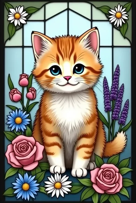 Stained glass design with dimensions of 20 inches by 16 inches. At the center, a cute and fluffy kitten with an adorable expression, sparkling eyes, and a gentle impression is depicted. Surrounding the kitten are a variety of blooming flowers, creating a h...