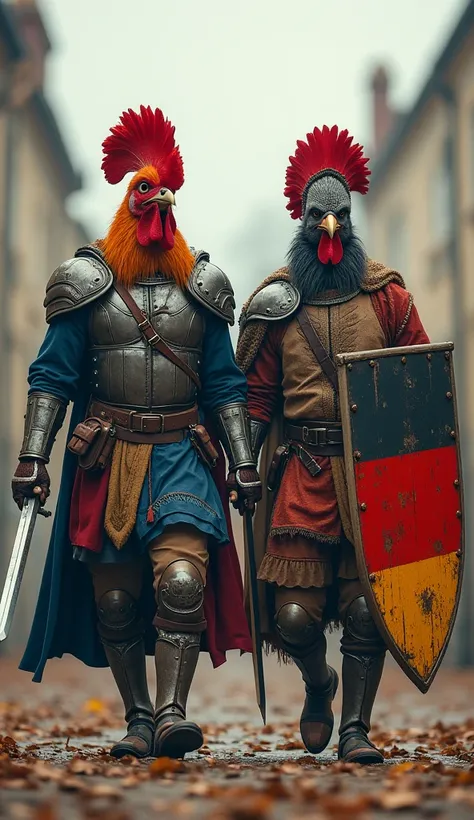 Imagine A Humanoid Gallic Rooster Warrior Man In Warrior Outfit Holding A Sword In Hand , Holding A France Flag Printed Shield In His Hand, And A Second Humanoid Eagle Warrior Man Walking With Him Like A Twin Brother, Holding A Sword In His Hand , And Hold...