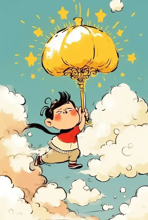  A boy flying in the clouds holding a golden magic umbrella. The clouds are fluffy and colorful ,  and the boy has an expression of surprise and joy . comic book illustration style.