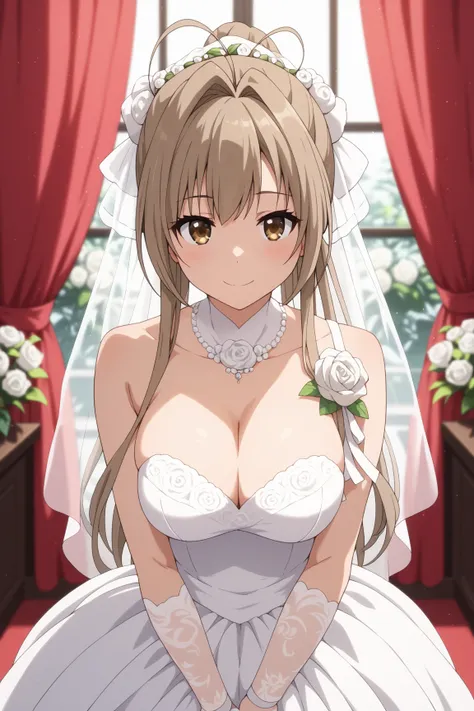 masterpiece,best quality,{{detailed beautiful face and eyes}}, very detailed background,
Sento Isuzu,{{{megami magazine}}},long hair,brown hair,ponytail,ahoge,hair over shoulder,hair ribbon,white ribbon,brown eyes,large breasts,
1girl,hairstyle: (wedding b...