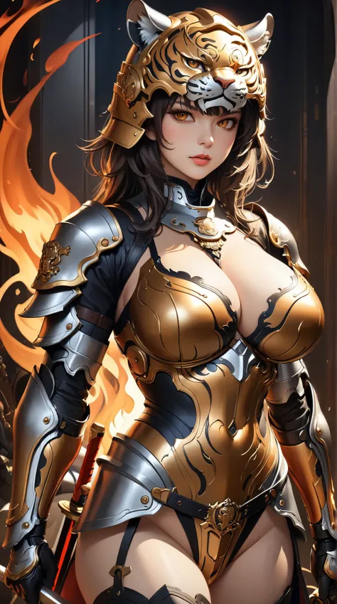 (( best quality)),( super high resolution),( very detailed),(  Detailed Help ),(( best CG )),(Masterpiece),High Definition Art,( fine detail art:1.5), woman, Big Breasts, front open night armor,  full face helmet, fierce tiger emblem, Flame Tan Sword,  Hig...