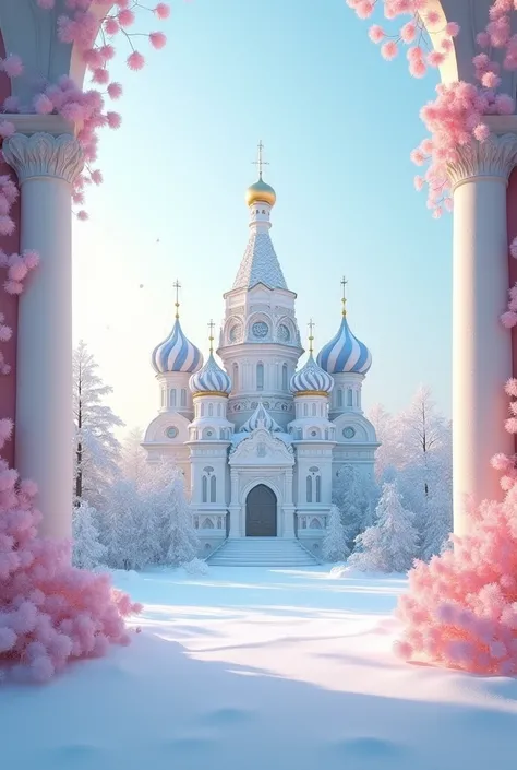 Generate a background with the Moscow Cathedral
With satin on the sides of pastel blue and pink and white
With snow and flowers
I love non-designer photos