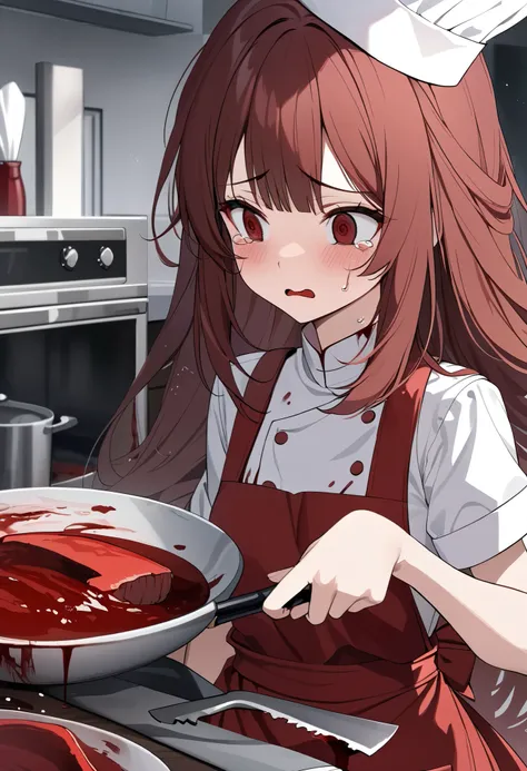 ((masterpiece, accurate, Textured Skin, more details, high quality, high details, high resolution, 最 high quality)), 1 girl in the best,(Reddish brown very long hair , Princess Cut Hairstyle ,紫色の目,Worried brow),( Plane),(( dark red apron dress ,Chef&...
