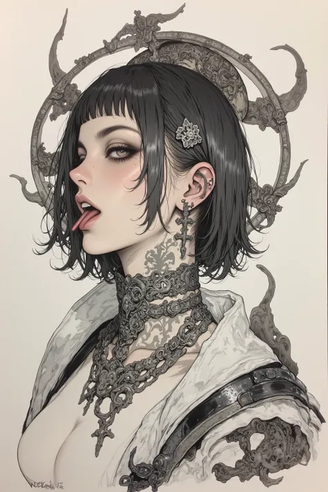 There is an ink painting of a woman who looks like a snake , snake tattoo on neck ,Ink Manga, manga drawn in ink  , Sumi painting on paper , mixed style of sumi painting and manga, Sumi-e style,   Ink Artwork  ,万年筆Ink Manga, Ink drawing,Painted with a brus...