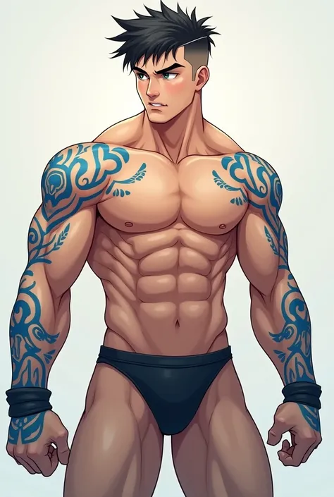 Young male Caucasian fighter with short black hair with an undercut. A trail of blue colour ancient glyphs along both arms. Wearing sexy black bikini briefs drawn in anime style.