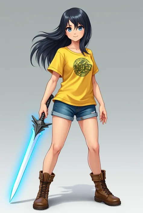 female character 12 to . 
Youthful fashion style, bright yellow short-sleeved T-shirt, olive pattern printed on the chest, thigh-length jean shorts, brown high-necked leather boots. 
Her hair is long, black, and usually left loose naturally.
Bright blue ey...