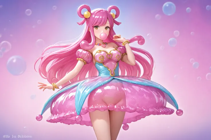 The bubble gum enchantress (cute, age 20, sheer bubblegum themed dress no underwear, candy jewelry) is casting a spell of love,he is in a magical candy land midday
