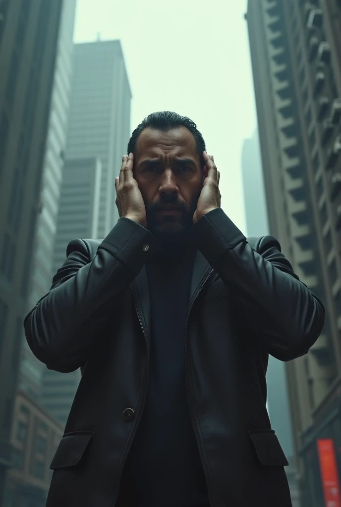 
A strong and dark man, In the middle of the apocalyptic skyscrapers , Say hello with your arm up with a closed fist, Instead, another hand to the ear, covering the entire ear, which indicates the expression of not wanting to hear