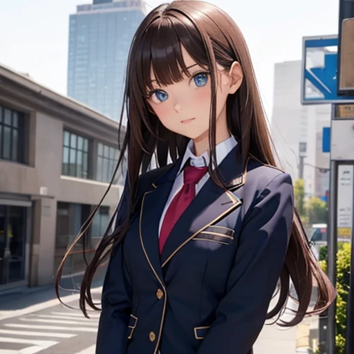   girl, blue eyes,  brown and long hair, [[Petite]], [[ s]],  High School Uniforms,  upper body, front,  blazer