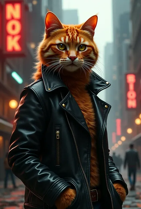 An orange cat wearing only leather jacket like rockstar but in cats world. Make it realistic 