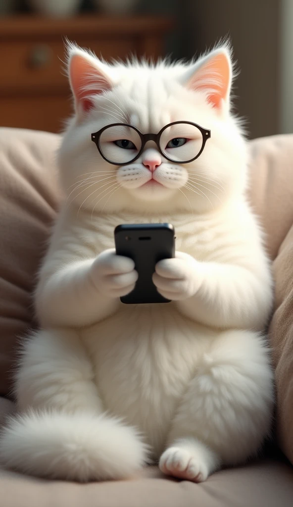 a realistic white furry cat wearing glasses is sitting on the couch drinking tea and reading e-mail on its phone. 