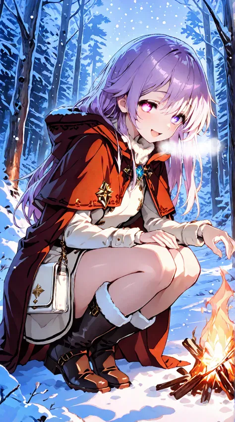 aihoshino, Love Hoshino,  long hair, bangs, ( purple eyes:1.1),  purple hair, (Symbol-shaped pupil:1.5), smile,,smile,, White Breath,
 open mouth ,snow,Ground bonfire, Outdoors,  boots, snowing, From the side, wood,  suitcases, Cape, Blurred, , forest,  wh...