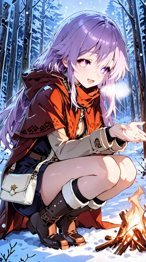 aihoshino, Love Hoshino,  long hair, bangs, ( purple eyes:1.1),  purple hair, (Symbol-shaped pupil:1.5), smile,,smile,, White Breath,
 open mouth ,snow,Ground bonfire, Outdoors,  boots, snowing, From the side, wood,  suitcases, Cape, Blurred, , forest,  wh...