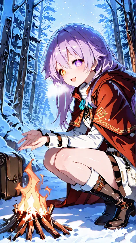 aihoshino, Love Hoshino,  long hair, bangs, ( purple eyes:1.1),  purple hair, (Symbol-shaped pupil:1.5), smile,,smile,, White Breath,
 open mouth ,snow,Ground bonfire, Outdoors,  boots, snowing, From the side, wood,  suitcases, Cape, Blurred, , forest,  wh...