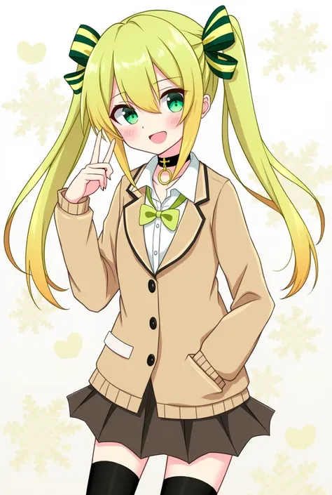 1 girl, clear skin, shiny hair, (twin tails), lime hair, light yellow hair, gradient hair, very long hair, hime cut, skin fangs, jitome, green eyes, o-ring choker, lime hair decoration, heart hair decoration, , diagonal striped ribbon, blazer, open blazer,...