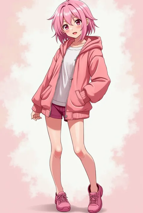 woman,   in the style of the anime Boku no Hero Academy ,  Her clothes are so sexy , peachy pink eyes, light pink hair,  short peach pink eyes with a cloudy tone ,  Some pink shoes ,  she has pink cheeks just like her lips 