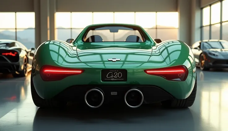 "A realistic, high-quality image of a modern sports car seen from the Back bumper view, resembling a  1977 Chevrolet C20 camper Pickup  restmod . The car is Soft green with glossy paint and a sleek, aerodynamic design. It has four large, round exhaust pipe...