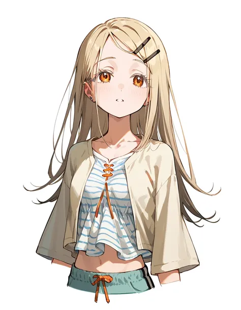 Shinosawa Hiro ,slender,orange eyes,  blonde hair, long hair, hair clip, WHITE BACKGROUND BREAK Slouched, striped shirt, cropped jacket,roomy pants 