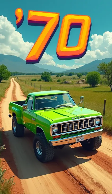 A neon green 1970 Dodge Power Wagon pickup driving in a dirt road in a beautiful day and the text “‘70 Power Wagon” just above the car in big letters, colorful picture, 80s style, aerial side view 