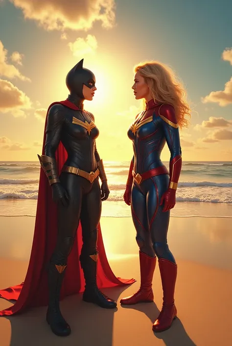 Batwoman and Captain marvel shock and their hold their mouths in Beach wide looking to someone