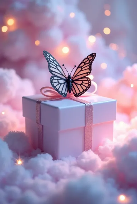 "A rectangular unicorn gift box with smooth edges and a glossy finish, adorned with a large butterfly ornament on the top in black and light colors. The box is placed in the center of a unicorn background, filled with soft clouds, subtle sparkles, and glow...