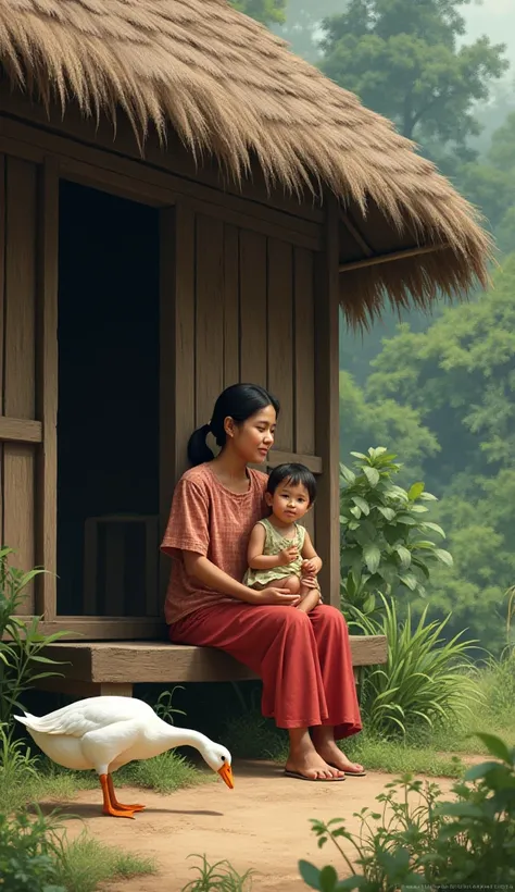 an Indonesian family, mother and  live in a simple wooden hut in the village, there is a goose eating, the picture is very realistic