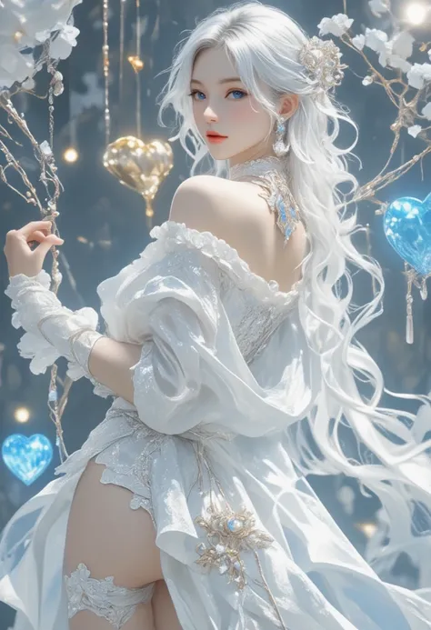 various iridescent white color effects. 
beautiful divine woman, , fluffy loose curls shining glossy silky white hair, captivating blue eyes, heterochromia, cool beauty expression. 
lewd great body proportion, wearing bondage-like style, white loose knit r...