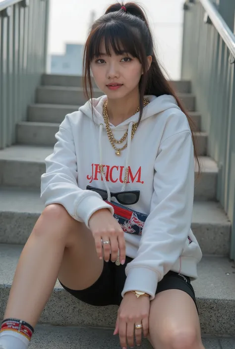 Masterpiece, 1 girl, japanese young idol, young girl, brunnette ponytail hair with bangs, heavy natural breasts, slutty expression, cute face, Masterpiece, 1 girl, natural breasts, (thick arms), (curvy thick slim oriental beauty), slutty gaze, cute face, b...