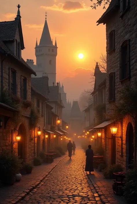 A medieval city bathed in soft golden light at sunset, where the stone buildings reflect the warm hues of the sky. The streets are lined with lanterns glowing with a gentle, magical light, and the market square is alive with peaceful villagers. In the dist...