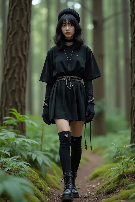 A beautiful 20 year old, light skinned Korean woman is positioned slightly off center on the left side of the image.  She is wearing MOMEITU
Goth Dress Punk Gothic Harajuku Summer Black Mini Dress Shirt Women Short Sleeve Emo Clothes Mall Goth Accessories ...