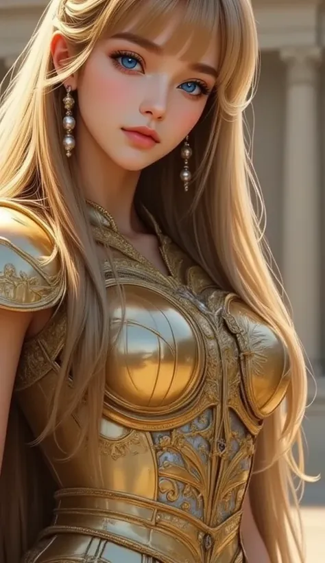 The Golden Girl、 beautiful girl、１７age、 Blonde Long Hair 、 The bangs are aligned above the eyebrows 、My hair is really long 、Wear lightweight golden armor 、 wear a small golden shield on your left hand、 wear a golden leg guard 、 opening her legs and lowerin...