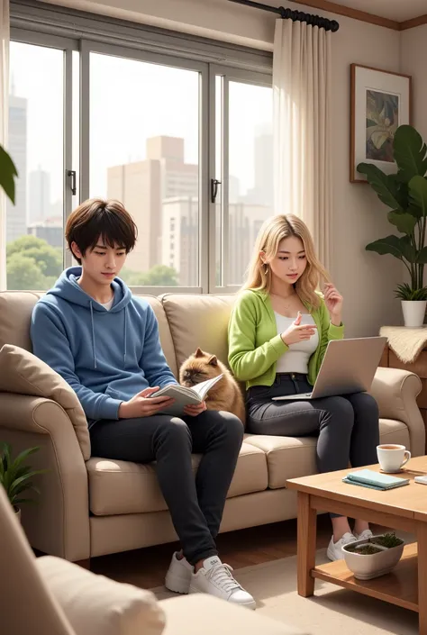 A brown-and-white Munchkin cat, a Japanese young man with messy hair wearing a blue hoodie and black jeans, and a Japanese female college student with long blonde hair wearing a lime green open-necked shirt and dark grey jeans are all relaxing in the livin...