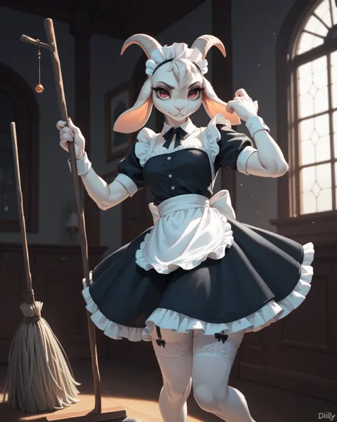 spooky furry female goat , maid clothes , glamorous , garter , Dimly lit room ,mop , Stick fighting