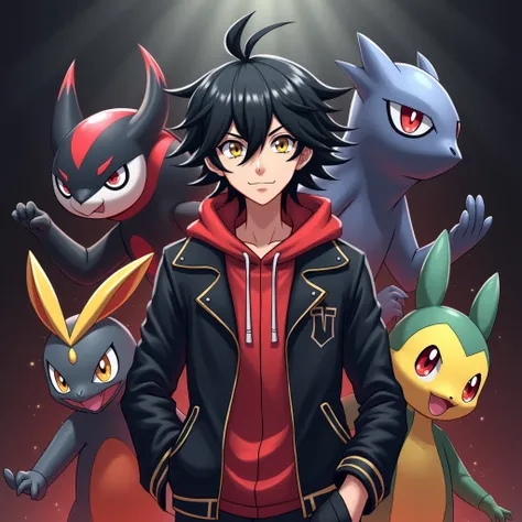 A champion-level Pokémon trainer with layered black hair and golden eyes, wearing a combined outfit of a sleek black leather jacket and a sporty red trainer hoodie. The trainer is surrounded by their powerful team: Golisopod, Samurott, Typhlosion, Garchomp...