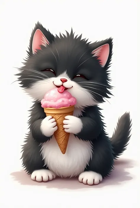  make a logo for my business related to a black and white fluffy kitten licking an ice cream cone. 