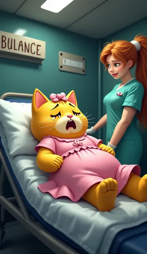 Inside the ambulance, the pregnant yellow cat, in a pink dress, lies down with tears in her eyes and her mouth open, crying. A nurse is beside her.