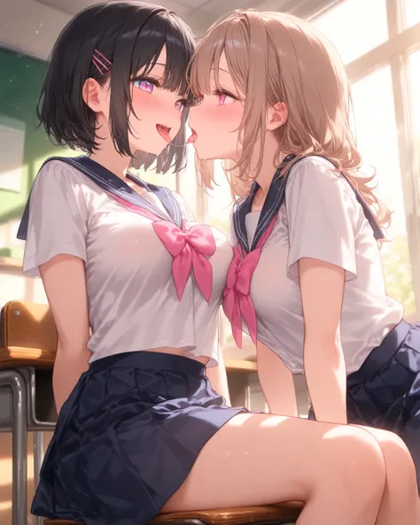 score_9, score_8_up  , score_7_up  , score_6_up  , score_5_up  , score_4_up,2girls、school uniform、BREAK、1girl、light brown hair、pink eyes、long hair、medium breast、1girl、black hair、blue eyes、short hair、smile breast、classroom、kiss、tongue、saliva trail、sit down、...