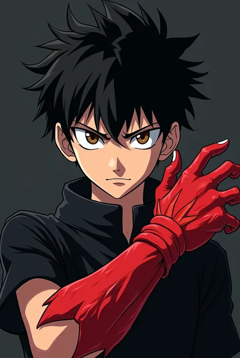  Anime guy aged 15 with unkempt black hair and brown eyes with an angry face. Dressed in a black  "Cool" and with the red dragon glove from the anime, high school demons