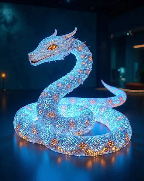 Serpent's Light Object,
 fantastic, LED Shining Snake Sculpture ,  neon blue and gold light,  Futuristic Space Art ,  Geometric Form ,  Near Future Gallery Exhibition 