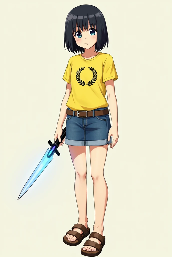 female character 12 to . 
Youthful fashion style, bright yellow short-sleeved t-shirt, printed with a pattern of 2 circular olive branches on the chest, thigh-length jean skirt, thick brown high-collared leather sandals. 
Shoulder-length, black hair, usual...